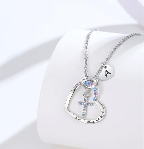 Cross Necklace for Girls | I am a child of God Necklace for Girls | Cross Birthstone Necklace | Heart Letter initial Necklace | 18K White Gold Plated Pendant Jewelry First Communion Baptism Gifts Christmas Birthday Gifts for Girl Women2