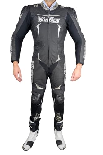 WinNet Tuta moto in pelle intera mono unico 1 pezzo racing pista traforata ventilata con saponette e gobba (Silver, M)