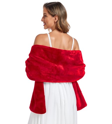 Pukguro Faux Fur Shawl Wraps for Wedding Womens Soft Winter Scarf Shrug Formal Party Red