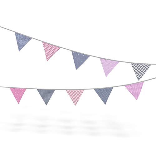 Wimpelkette Stoff-Girlande von Homery, farbenfrohe Dekoration für Kinderzimmer - wählbar in 3 verschiedenen Längen und modernen Farben (330cm, Rosa/Grau) Cover