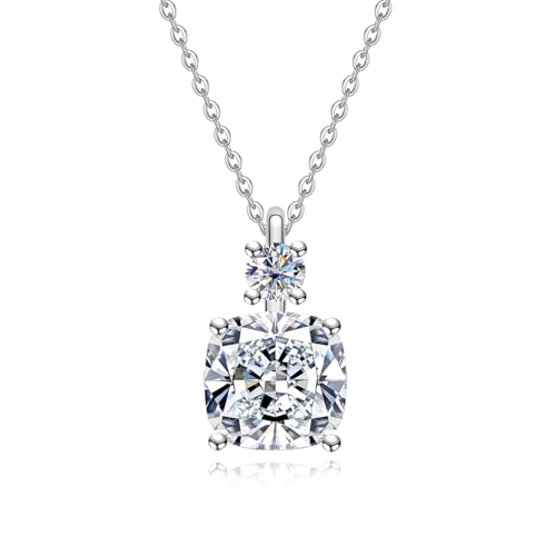 AnuClub Cushion Cut Moissanite Pendant Necklace D Color VVS1 925 Sterling Silver Refined Daily Necklace for Women with Certificate, 40+2+3cm Adjustable Chain