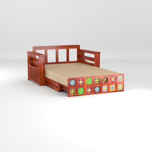 Image of Solid Sheesham Wood Sofa Cums Bed with Mattress & Storage | Rosewood Convertible Sofa Bed for Living Room & Bedroom (F-Honey, 2 Seater)