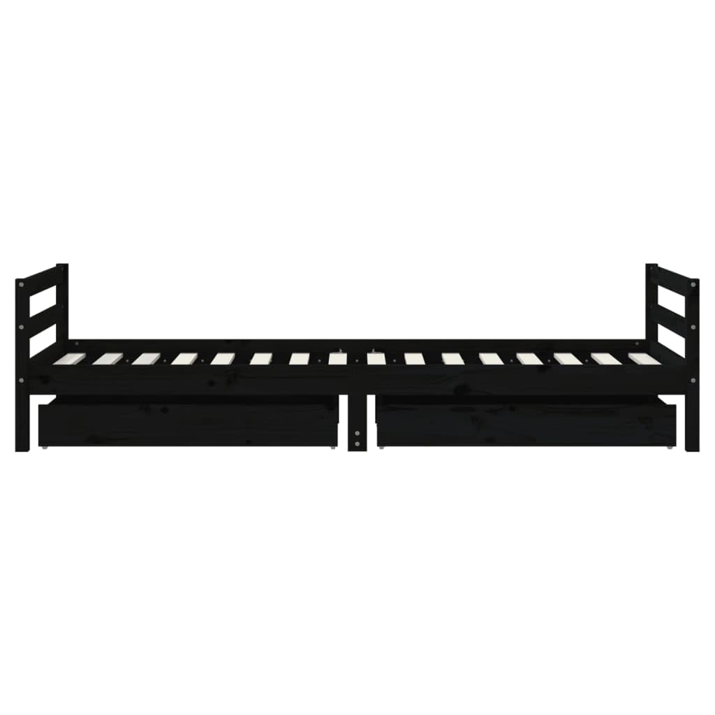 Cama infantil con cajones, color negro, 90 x 200 cm, madera maciza de pino para niños a partir de 4 años, construcción estable con espacio de almacenamiento, adecuada como cama junior, cama