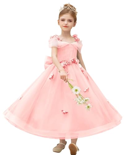 3D Floral Spaghetti Strap Flower Girl Dress with Bow Cold Shoulder Ankle Length First Communion Dress with Applique