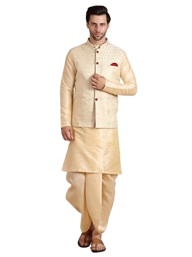 Image of Men's Silk Blend Solid Kurta Dhoti Set with Designer Ethnic Nehru Jacket