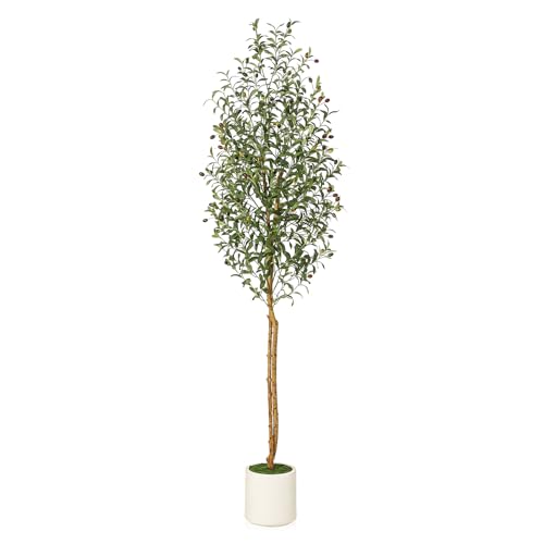 Artificial Olive Tree 7ft,Faux Plant with White Pot, Floor Fake Plants with Natural Wood Trunk and Fruits, Artificial Trees Indoor for Home Decor