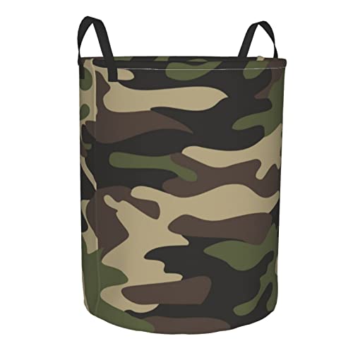 Image of Green Camouflage Round Collapsible Laundry Basket,Large Laundry Hamper Toys Clothes Organizer Foldable Storage Bin Storage Basket With Handles For Dorms,Boys Girls Bedroom,Bathroom