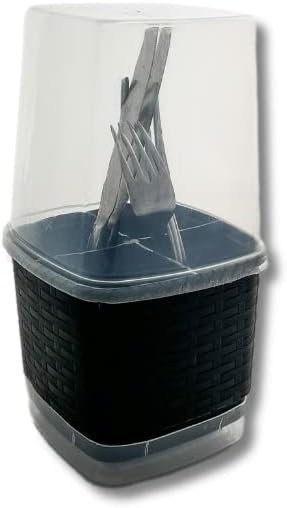 Miniatura 5 de Soporte para cubiertos y utensilios cubiertos de ratán, organizador de plástico para cubiertos con tapa superior, perfecto para cocina, picnic,