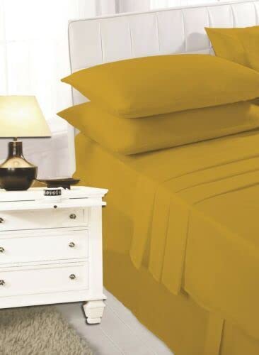 Extra Deep Fitted Sheet + Two Pillowcases Available in 22 Color Options 16-Inch (40 cm) Depth Easy-Care Poly-Cotton Fabric Soft Wrinkle-Resistant Bed Sheets (MUSTARD SI + PP)