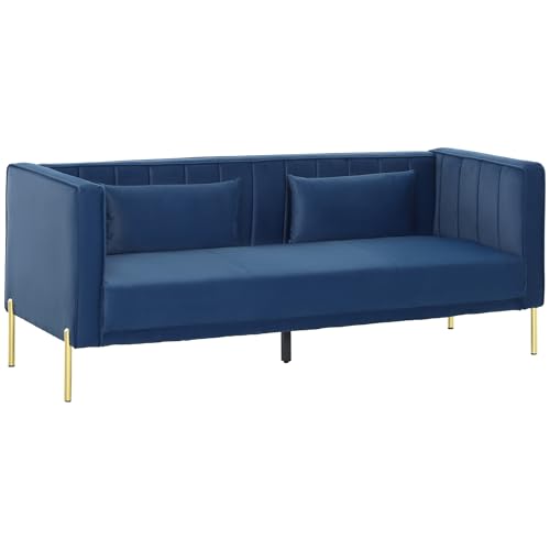 HOMCOM Sofá de 3 Plazas con Tapizado en Terciopelo de 194,5 cm Sofá de Salón para Sala de Estar con 2 Cojines Reposabrazos y Patas Doradas Azul Marino