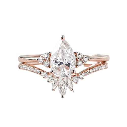 Ydd 10K White Gold 1.5Ct Pear Moissanite Engagement Rings For Women Bridal Set 2Pcs Pear Vine Vintage Inspired V Shaped Wedding Band Anniversary Free Engraved #TOP9