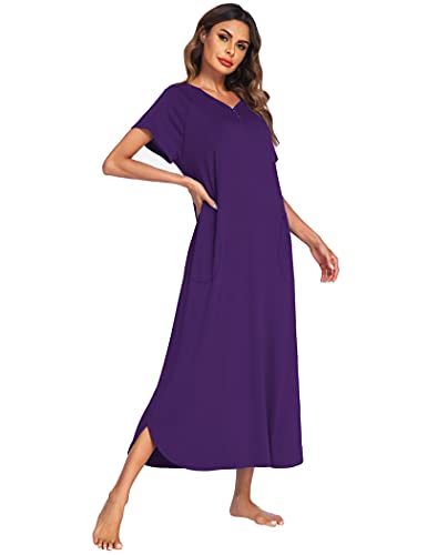 Image of Ekouaer Long Nightgown Women's Loungewear Short Sleeve Sleepwear Full Length Sleep Shirt with Pockets
