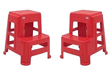 Image of SKYGLAMOUR Supreme Plastic Multi-Purpose 2-Step Stool for Home | Office&Kitchen Use with Weight Bearing Capacity of 150 Kg |2 Step Stool for Home|Color: Red; Set of 2