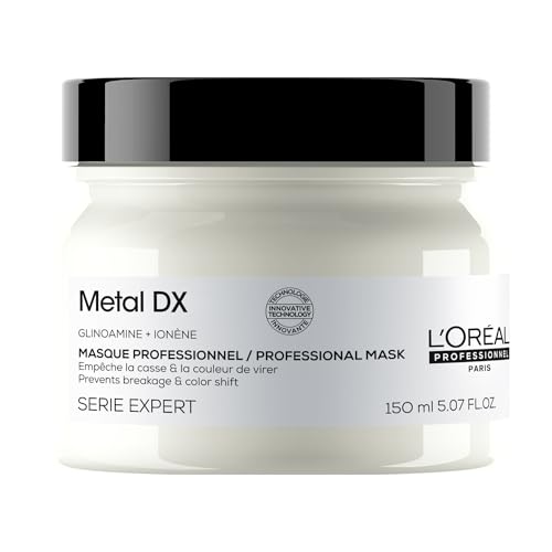 L'Oréal Professionnel Haarmaske für alle Haartypen, Anti-Haarbruch, Feuchtigkeit. Geschmeidigkeit & Glanz, kraftvolles Haar, frischer Duft, mit Glicoamin, Serie Expert, Metal DX Maske, 150ml
