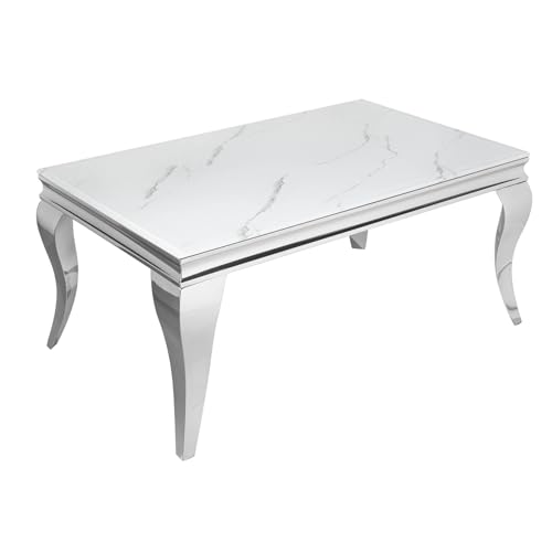 invicta INTERIOR Eleganter Couchtisch MODERN BAROCK 100cm Glasplatte in Marmoroptik Edelstahl Beine Wohnzimmertisch