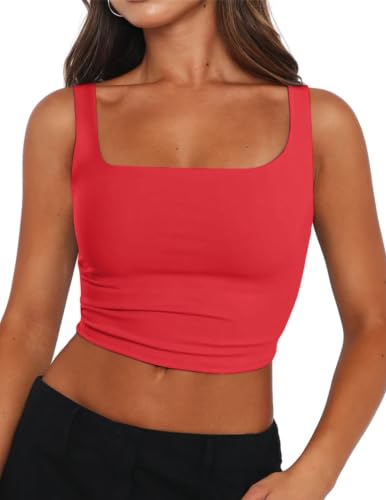 Zeagoo Women's Square Neck Double Layer Sleeveless Skinny Basic Strappy Backless Crop Tank Tops Red, Small - image 1