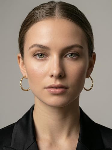 Image of FAN&LOUIS 24K Gold Plated Hoop Clip On Earrings for Women, Gold Beaded Hoop Trendy Hypoallergenic Non Pierced Earrings Painless Lightweight 38mm Clip-On Earrings
