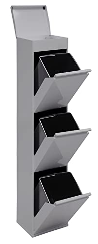 Arregui Top CR322-B Cubo de Basura y Reciclaje de Acero de 3 Compartimentos con Bandeja Superior | 3x17L (51L) | Cubos de Basura de Cocina | Contenedores de Reciclaje para Casa u Oficina | gris