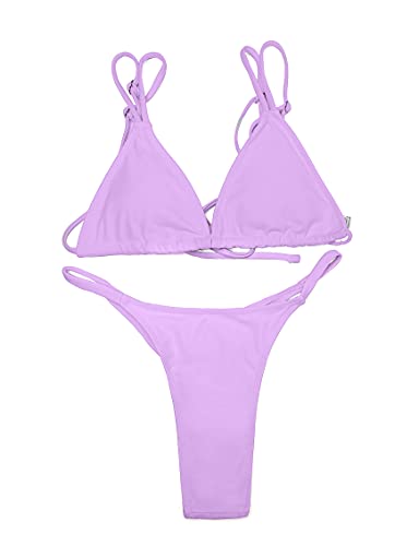 Image of Women's Sexy Thong Bottom Two Piece Bikini Double Shoulder Straps Cute Swimsuit Triangle Bathing Suit