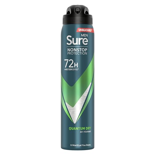 Sure Men Quantum Dry Nonstop Protection Anti-perspirant Deodorant Aerosol MotionSense technology anti-perspirant deodorant spray 72h protection against sweat and odour 250 ml (Pack of 6)