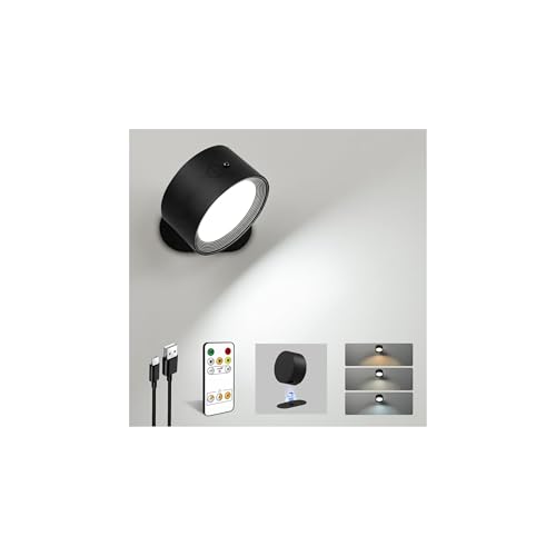 EZVALO LED Wall Lights 2000mAh Rechargeable Wall Lights Indoor 3 Color Temps with Remote and Touch Control 360Rotation Dimmable Cordless Wall Light for Living Room Bedroom (Black 1 Pack)