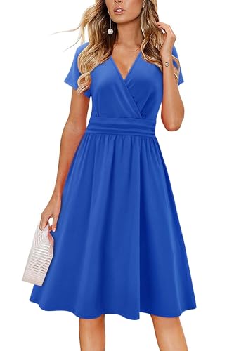Newshows Summer Dresses for Women UK Short Sleeve V Neck Faux Wrap Casual Beach Midi Sundress with Pockets(Royal Blue,M)