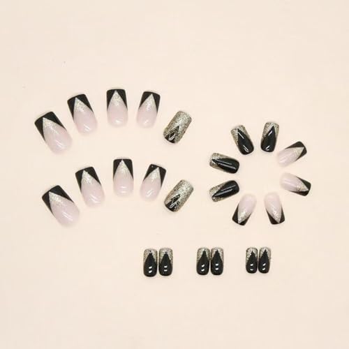 Image of Gold Glitter Press on Nails Black Full Cover Fake Nails with French Tip Design Glossy Glue on Nails Reusable Artificial Acrylic False Nails Medium Square Stick on Nails for Women Girls Manicure 24Pcs