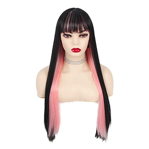 Image of Swiking Black and Pink Long Straight Wig for Women with Bangs Synthetic Hair Heat Resistant Fiber Wig Natural Looking Halloween Party Cosplay Wig