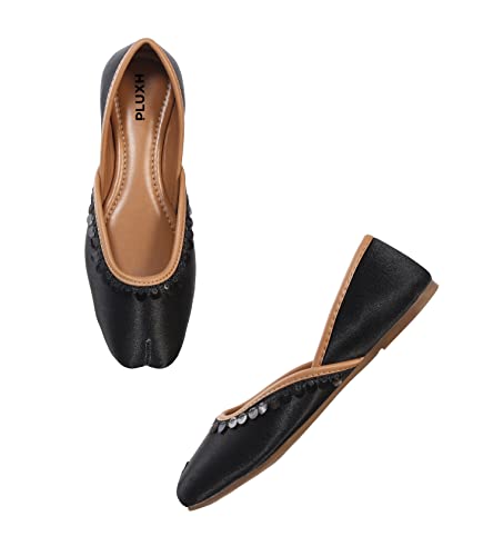 Image of Pluxh Women's Ethnic Jutti Shoes | Shiny Finish Mojari with Sequin Border | Soft Cushioned Slip-On Flats for Casual