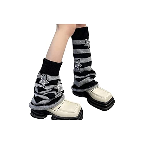 Women Girls Leg Warmers Y2k Star Skull Harajuku Gyaru Japanese Goth Leg Warmers Knit Striped Long Leg Cover