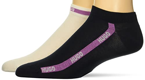 HUGO Men's 2-Pack Tape Logo Design Cotton Ankle Socks, Bright White / Lilac, Midnight Blue / Lilac, 3-9