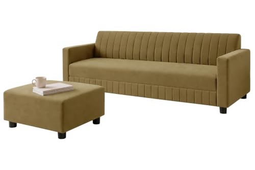 Image of Modern 3-Seater Velvet Sofa with Ottoman | Vertical Channel Tufted Backrest | Plush Cushioned Seating | Stylish Contemporary Sofa for Living Room, Bedroom & Office | Golden
