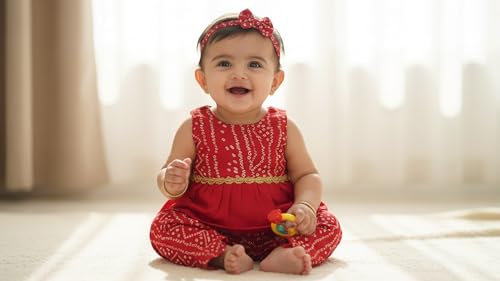 Image of The Root And Craft Kids Birthday Photoshoot Outfit Dress Girls Bandhani printed Top With Dhoti pant & Hairband Born Baby Photography Photoshoot Props(0to 18 Month)