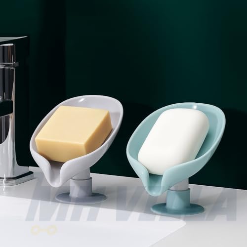 Image of Self Draining Soap Holder with Suction Base - Pack of 2 (Multi-Color) | Waterproof Leaf Shape Soap Dish Stand for Bathroom & Kitchen