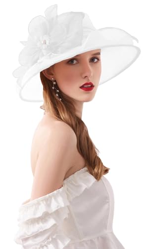 RZTA Womens Kentucky Derby Church Dress Hat Wide Brim Leaf Flower Bridal Shower Hat T1 White