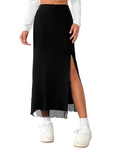 Avanova Womens Mesh Slit Split Long Skirts High Waisted Sexy Summer Maxi Skirts Black Large