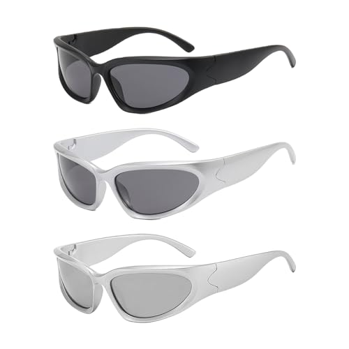 SPORWAY Gafas de sol para mujer y hombre, 3 pares de gafas de sol polarizadas, Y2K Wraparound Retro para exteriores, protección solar en verano, uso diario, Negro