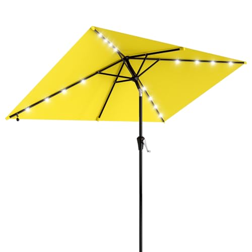 Image of AreShark 6.5' x 10' Rectangular Patio Umbrella with Solar Lights, Solar Powered Lighted Market Umbrella w /Tilt and Crank, Outdoor Table Umbrella for Garden, Deck, Backyard, Pool and Beach, Yellow