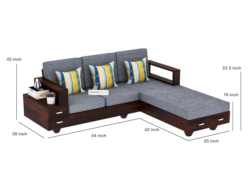 Image of Sheesham Wood 4 Seater L Shape Sofa Set with 2 Drawer Storage | 3+1 Wooden Sofa Set Furniture for Living Room Home Office (Walnut Finish)