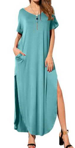 Image of GRECERELLE Women's Summer Maxi Dress Casual Loose V Neck Short Sleeve Side Split Long Dresses with Functional Pockets