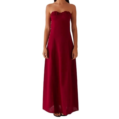 Image of Women Tube Top Maxi Dress 2025 Elegant Sleeveless Strapless Ruched Flowy Summer Long Wedding Party Cocktail Dresses
