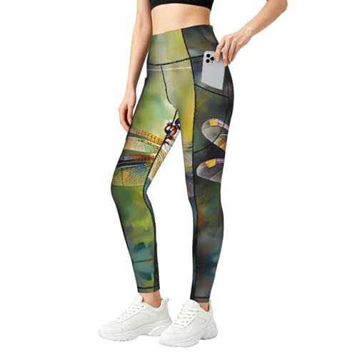 Leggings con bolsillos para mujer mallas de libélula pantalones elásticos cómodos