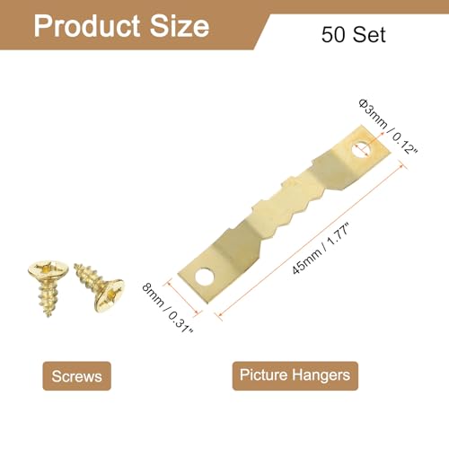 Image of uxcell 50Pcs Picture Hangers, Picture Frame Hook, Frame Backing Fasteners with 100 Pcs Screws for Hanging Clock Paintings Pictures, Gold