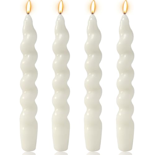 4 Pack 7 Inch White Spiral Taper Candles, Unscented Dripless Twisted Fat Candlesticks for Home Décor Party Wedding and Celebrations