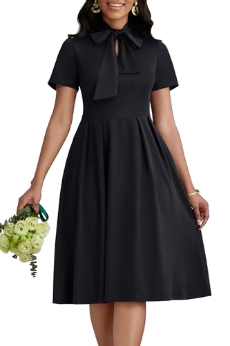 FANDEE Women's Elegant Casual Short Sleeve A-line Semi Formal Fit and Flare Dress Classy Tie Neck Work Party Dress2
