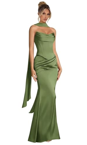 Strapless Bridesmaid Dresses with Scarf Satin Mermaid Prom Dress Long Pleated Formal Party Evening Gown AS09