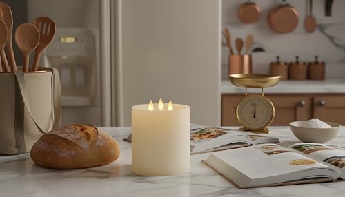 Image of 3-Wick Flameless Pillar Candle with Remote Timer, 3D Moving Flame Real Wax Led Candles (Ivory with 3 Wick, 6.5in)