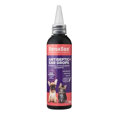 RenaSan Antiseptic Ear Drops for Dogs & Cats Ear Disinfection Kills Bacteria & Yeast Helps Stop Ear Odour Scratching & Head Shaking Veterinary Approved For All Animals 100ml