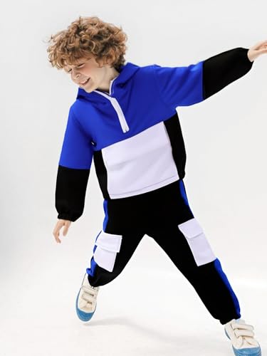 Image of Azmxynol Boys Clothes Kids Little Boy Color Block Half Zip Hoodie & Jogger Pants 2 Piece Outfit Set,4-12 Years