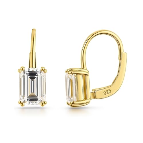BERRICLE Yellow Gold Flashed Sterling Silver Solitaire Leverback Drop Dangle Earrings for Women 2.4 Carat Emerald Cut Cubic Zirconia CZ